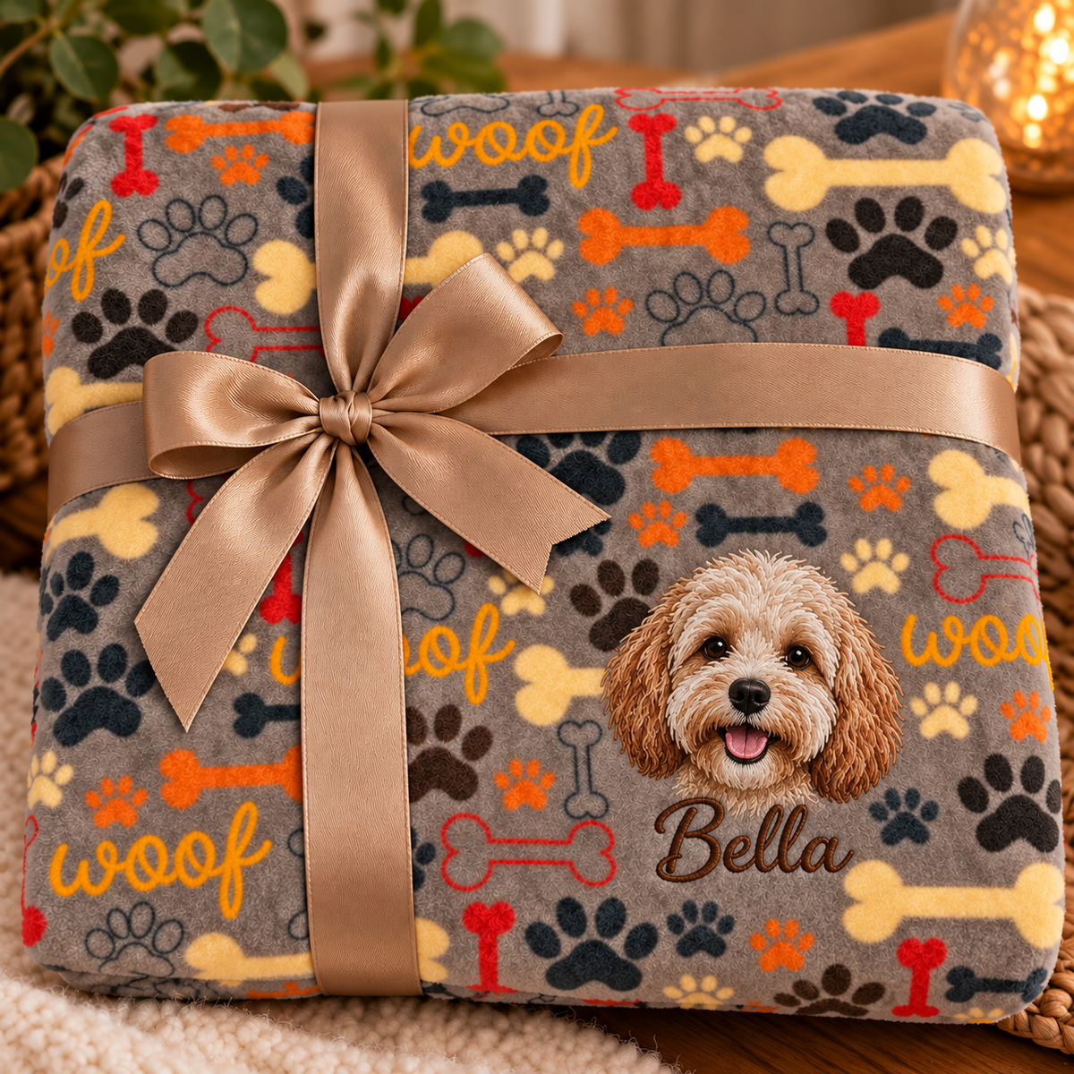 Woof Brown Custom Pet Portrait Blanket – Personalized Dog Embroidery with Name – 75 × 100 cm