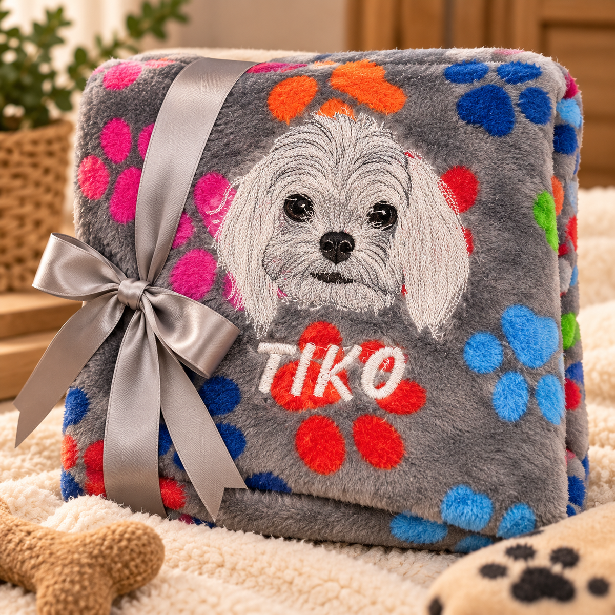 Paws Grey Custom Pet Portrait Blanket – Personalized Dog Embroidery with Name – 75 × 100 cm