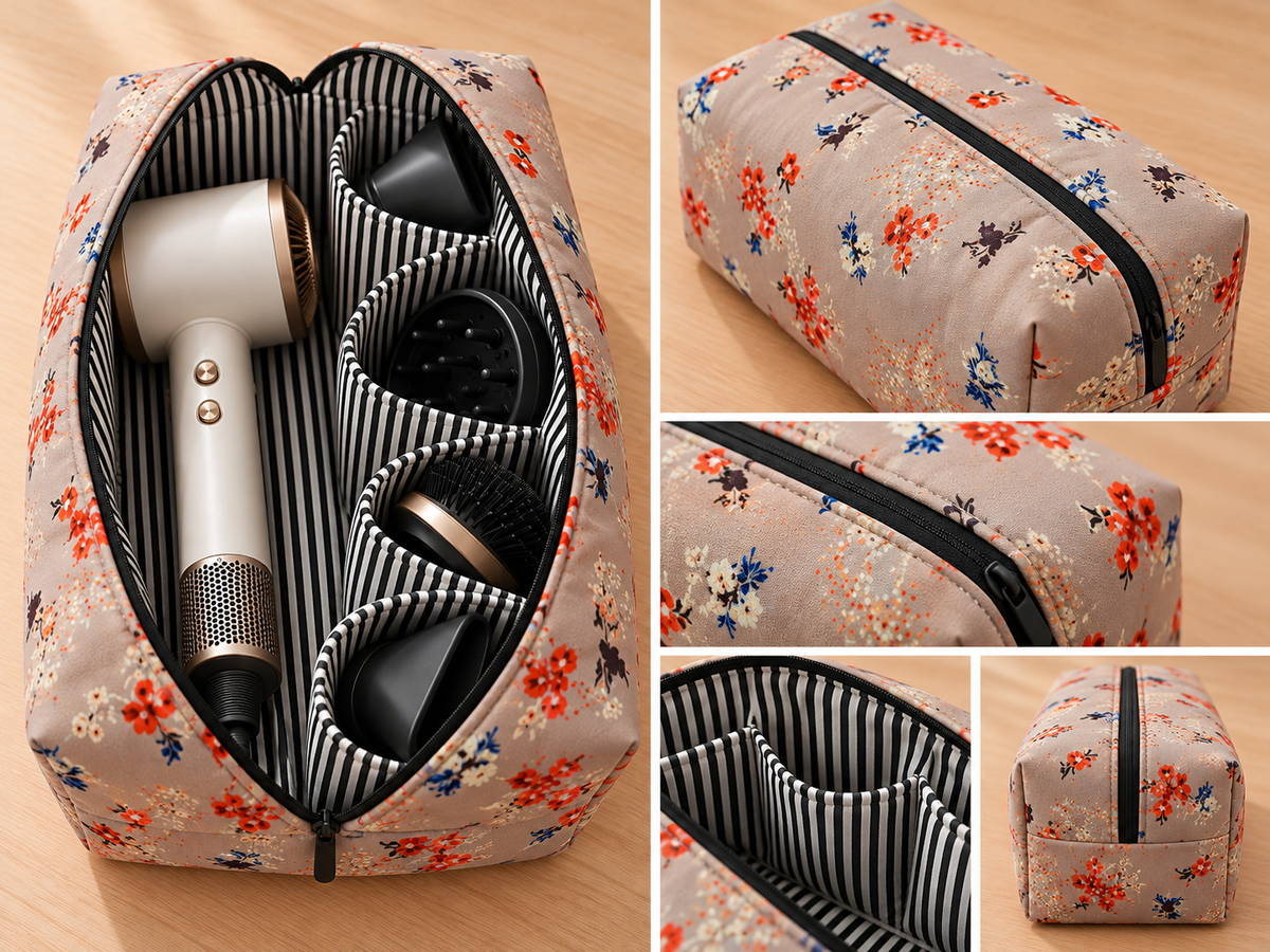 Handmade Floral Hair Tool Organiser Bag – Large Travel Hair Styling Storage Case | Beige Floral