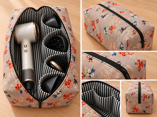 Handmade Floral Hair Tool Organiser Bag – Large Travel Hair Styling Storage Case | Beige Floral