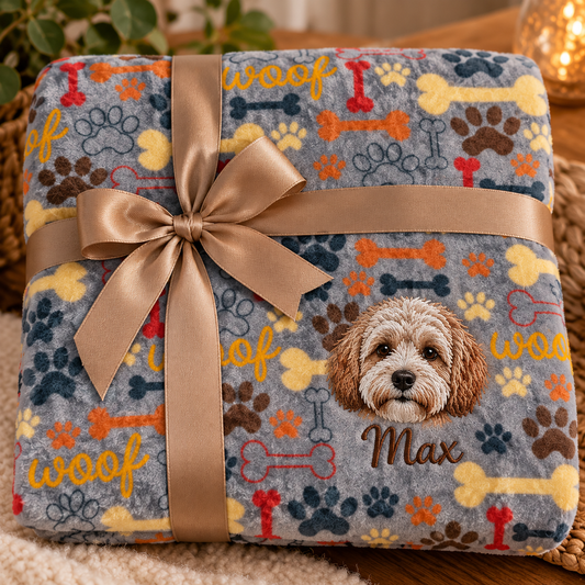 Woof Grey Custom Pet Portrait Blanket – Personalized Dog Embroidery with Name – 75 × 100 cm